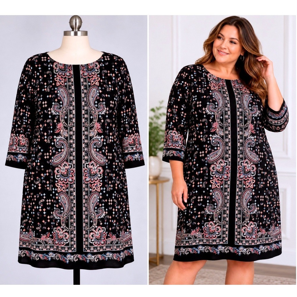 White House Black Market Shift Dress Womens 1X Black Paisley 3/4 Sleeve Stretch